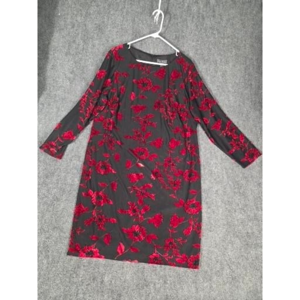 Jessica Howard Womens 18W Red‎ Black Floral Velvet Burnout Shift Dress Shimmer